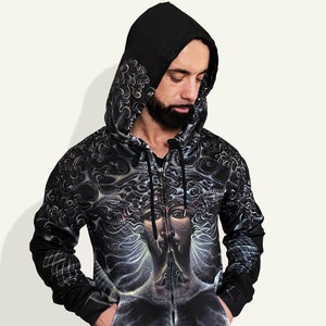 Psychedelic festival hoodie, visionary art sublimation print, soft warm fleece on the inside, tree of life twin flames theme, psytrance wear