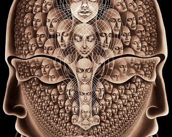 Impresión sobre lienzo, estirada sobre barras, arte visionario de Olga Klimova, idea presente reflexiva, decoración interior surrealista contemporánea