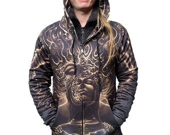 Psychedelic festival hoodie, visionary art sublimation print, soft warm fleece on the inside, psytrance Goa clothing