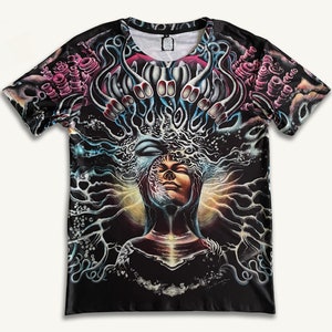 Trippy UV-reactive T-shirt "Sahasrara"  fluorescent festival clothing, psychedelic, boho, Burning Man costume, visionary art by Olga Klimova