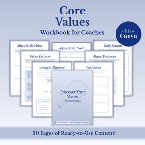 Puede incluir: Un cuaderno azul claro titulado "Discover Your Values" con un gráfico de lupa, rodeado de varias hojas de trabajo. El texto dice "Core Values Workbook for Coaches" y "¡30 páginas de contenido listo para usar!"