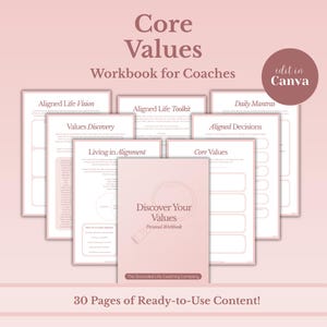 Puede incluir: Un cuaderno rosa titulado "Discover Your Values" con un gráfico de lupa, rodeado de hojas de trabajo. El texto dice "Core Values Workbook for Coaches" y "30 Pages of Ready-to-Use Content!"