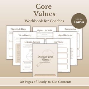 Puede incluir: Un cuaderno de trabajo titulado "Discover Your Values" con un gráfico de lupa, rodeado de varias hojas de trabajo. El texto dice "Core Values Workbook for Coaches" y "30 Pages of Ready-to-Use Content!"