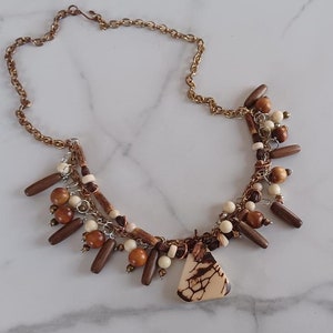 TREE NUT... salvage boho necklace, curated antique pendant, vintage chain, wood and ceramic beads, neutral colors, upcycled design, handmade