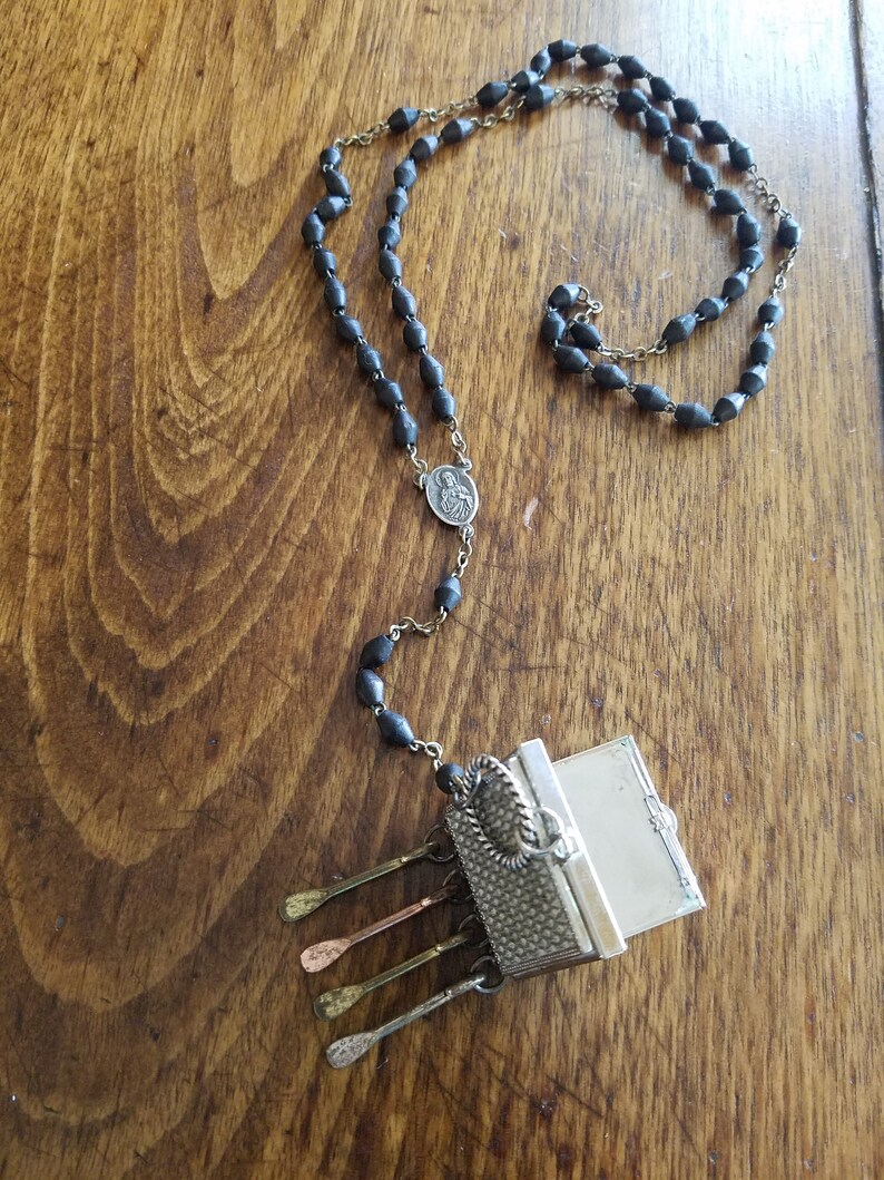 lariat locket rosary beads 20 inches long one-of-a-kind long SECRET BOX...salvage mixed metals silver necklace black