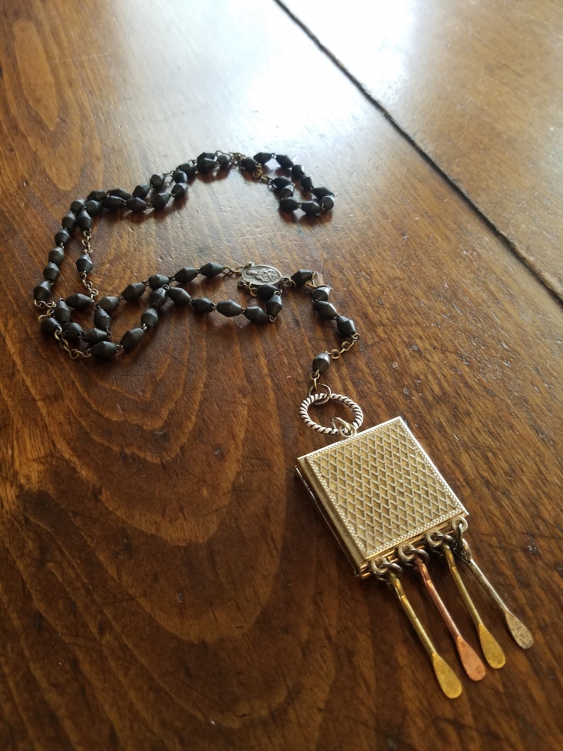 lariat locket rosary beads 20 inches long one-of-a-kind long SECRET BOX...salvage mixed metals silver necklace black