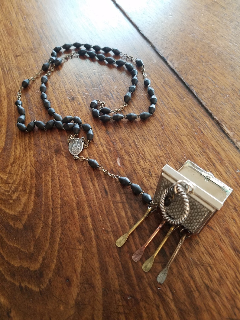 lariat locket rosary beads 20 inches long one-of-a-kind long SECRET BOX...salvage mixed metals silver necklace black