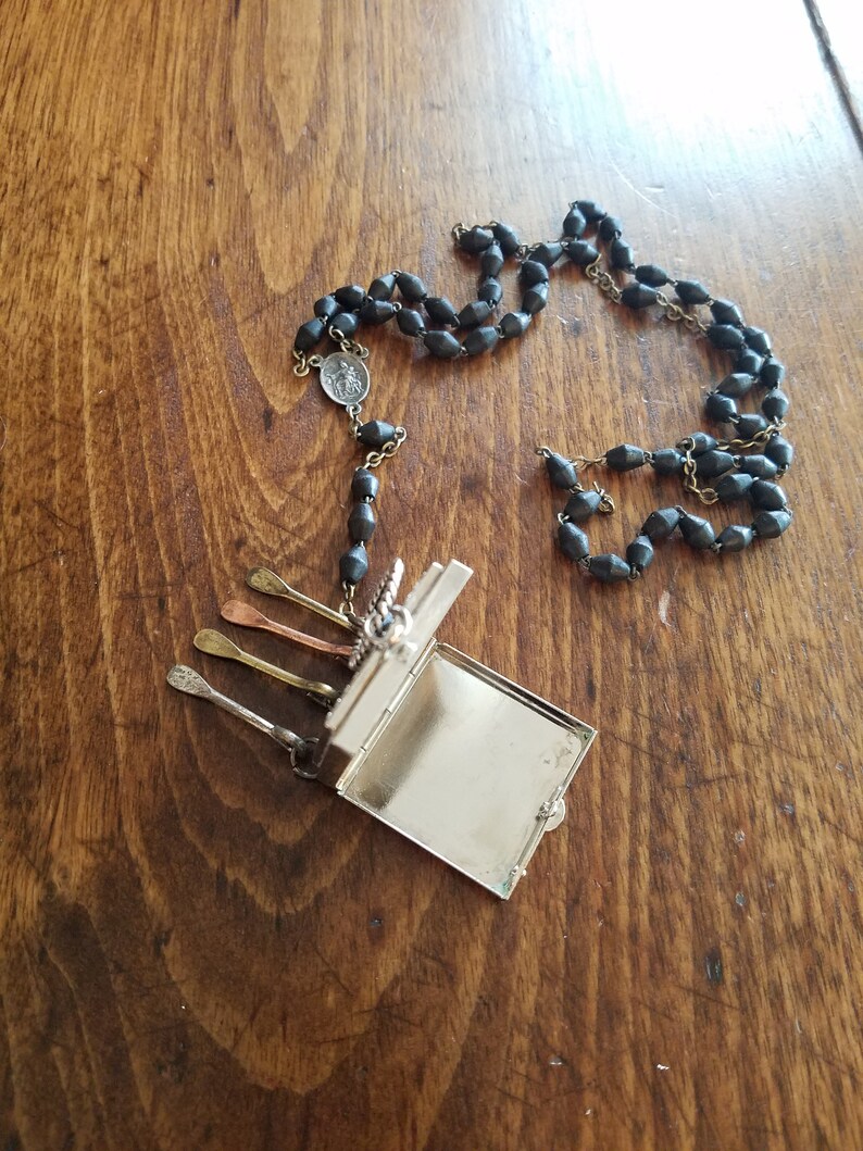lariat locket rosary beads 20 inches long one-of-a-kind long SECRET BOX...salvage mixed metals silver necklace black
