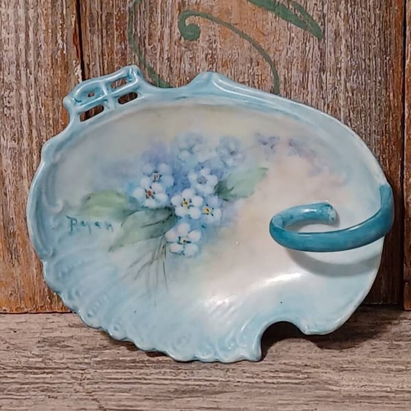 Vintage Blue Trinket Dish Nappy Dish Hand Painted with White Flowers Signed With Handle  3.75" x 4.25"