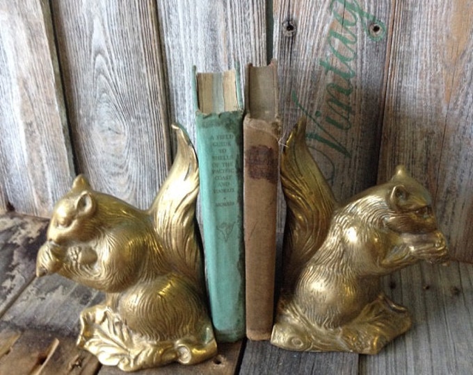 Vintage Brass Squirrel Bookend Pair, Vintage Gold Large Squirrel