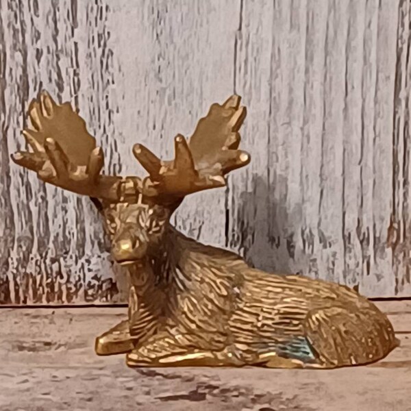 Brass Mini Moose Figurine Laying Down Solid Brass Big Horns 2" x 1.5" Some Tarnish