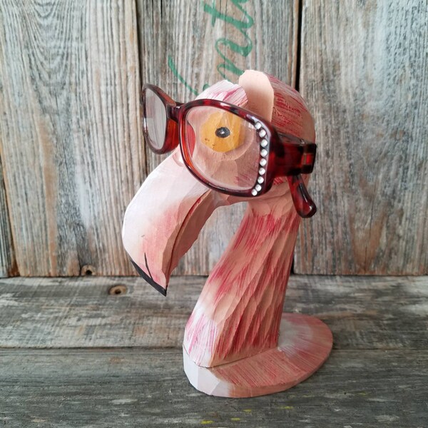 Funny Pink Flamingo Wooden Eye Glass Holder Stand, Bird Eye Glass Stand