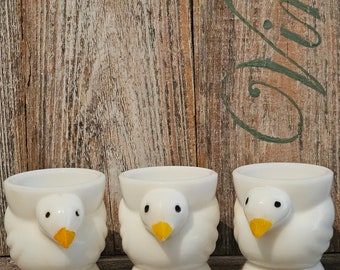 Vintage 3 Opalex Milk Glass Chicken Chick Egg Cups Made In France White and Yellow Beaks Cute Farm Animal Farmhouse