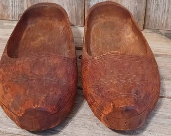 Antique Pair of Hand Carved Solid Wood Smaller Shoes Dutch Clogs Holland Shoes 9.5" Each