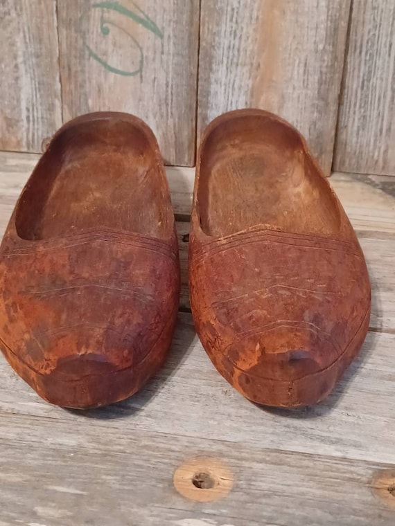 Antique Pair of Hand Carved Solid Wood Smaller Shoes Dutch Clogs