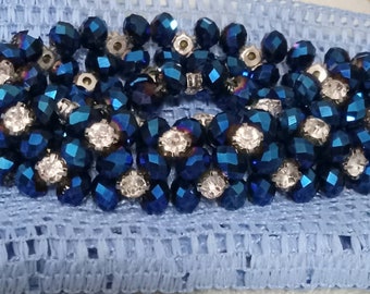 Metallic Blue Crystal Faceted Bead and  Rhinestone Stretchable Bracelet