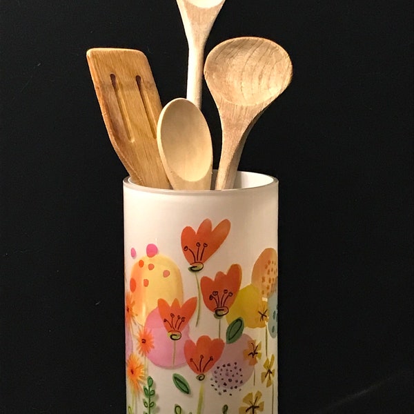 White cased glass vase, Utensil holder, Springtime bouquets, Floral, French Country, English cottage, Tea garden, Fabulous Fun and Unique