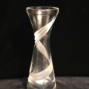 Cut glass vase with etched leaves, Swirl elegant glass, Beautiful, timeless quality with polished rim and base.