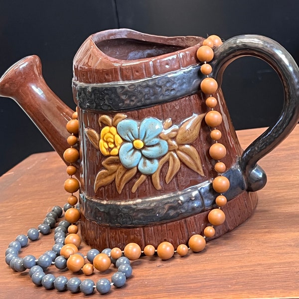 Vintage watering can hand painted blue floral vase, 1976 brown pottery Gift to Grandmother, 1970s BOHO pottery, Fabulous Fun and Unique