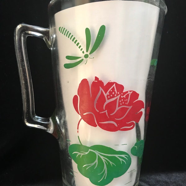 Retro red green pitcher with dragonflies, Pink lemonade stand glass pitcher, Vintage pitcher wred and green flowers, Fabulous Fun and Unique