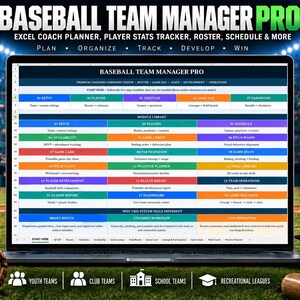 Può includere: Uno schermo di un portatile che mostra il foglio di calcolo Excel Baseball Team Manager Pro, con una griglia colorata di moduli di allenamento, statistiche dei giocatori e strumenti di pianificazione, con un guanto e una palla da baseball.