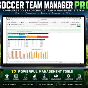 May include: A laptop displaying the Soccer Team Manager Pro spreadsheet software, featuring a dashboard with player statistics, season minutes, and evaluation charts. The interface includes tabs for roster management, schedules, lineups, and player development tools.