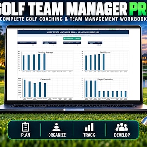 Peut inclure: Un ordinateur portable affichant le tableau de bord de saison Golf Team Manager Pro avec des graphiques à barres pour la moyenne de score, le meilleur tour, le pourcentage de fairways et l'évaluation des joueurs, incluant des en-têtes.