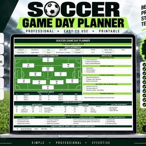 May include: A digital football game day planner displayed on a laptop screen, featuring a green pitch diagram for starting formations, sections for match information, player substitutions, live match events, and post-match review notes.