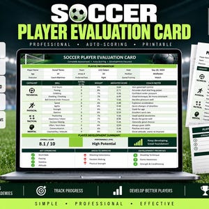 Könnte beinhalten: Ein Laptop-Bildschirm zeigt eine Fußball-Spielerbewertungskarte mit grünen und weißen Abschnitten, die Informationen zum Spieler, technische, physische, taktische und mentale Fähigkeiten sowie eine druckbare PDF-Vorlage enthält.