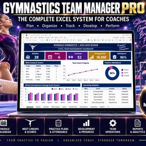 Può includere: Uno schermo di un computer portatile che mostra il sistema Excel Gymnastics Team Manager Pro, con una dashboard contenente dati sugli atleti, punteggi delle gare, presenze agli allenamenti e grafici di sviluppo e progresso.