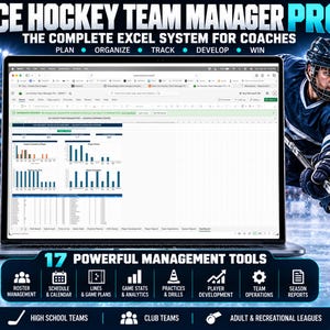 May include: A laptop screen displays the Ice Hockey Team Manager Pro Excel system, featuring data charts and tables. The interface includes tabs for roster management, schedules, game plans, stats, analytics, practices, drills, and player development.