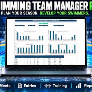May include: A laptop displaying the Swimming Team Manager Pro Excel template with a season dashboard featuring bar charts for personal bests, team points, attendance, and swimmer evaluations, alongside a gold Excel template badge.