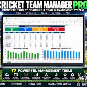 Può includere: Uno schermo di computer portatile che mostra il software di foglio di calcolo Cricket Team Manager Pro, con una dashboard contenente statistiche dei giocatori, dati sulle partite e grafici delle prestazioni. L'interfaccia include schede per la gestione.