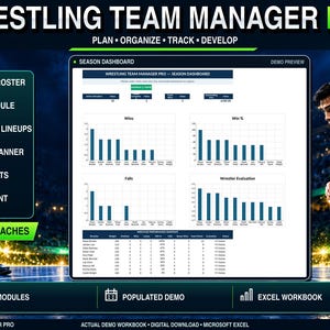 May include: Wrestling Team Manager Pro digital dashboard for Microsoft Excel. The interface displays a season dashboard with bar charts for wins, win percentage, falls, and wrestler evaluations, plus a roster table for tracking team performance.