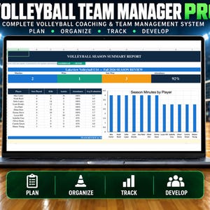 May include: A laptop screen displaying the Volleyball Team Manager Pro software, featuring a Lakeview Volleyball U14 Fall 2026 season summary report with player statistics, attendance data, and a bar chart titled Season Minutes by Player.