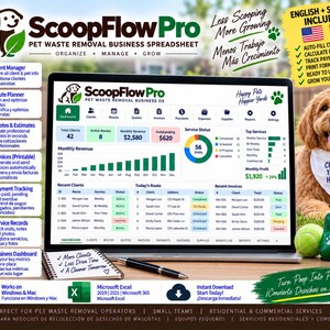 Könnte beinhalten: Eine digitale Geschäftstabelle namens ScoopFlow Pro für Tierabfallentsorgungsdienste, angezeigt auf einem Laptop-Bildschirm mit einem Dashboard, begleitet von einem Notizbuch, einem Stift und einem Hund im Hintergrund.