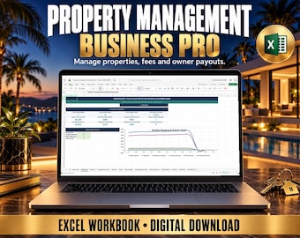 May include: A laptop displaying a Property Management Business Pro Excel workbook with a dashboard, charts, and data tables. The screen shows text including Property Management Business Dashboard and Monthly Revenue & Payout Trend. Excel icon included.