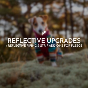 May include: A dog wearing a colorful fleece jacket with reflective piping and strip add-ons. The image has the text "REFLECTIVE UPGRADES + REFLECTIVE PIPING & STRIP ADD-ONS FOR FLEECE". The dog is in a natural outdoor setting.