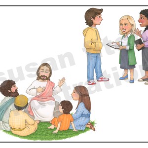 May include: A group of people, including Jesus, are sitting on the grass listening to him speak.  There are two women and a man standing in the background, one of the women is holding a book.