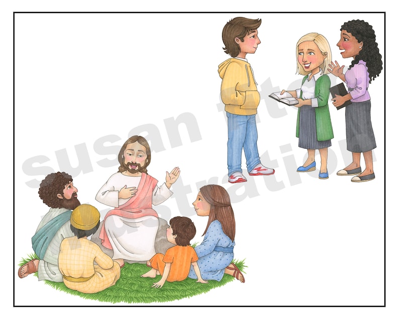 May include: A group of people, including Jesus, are sitting on the grass listening to him speak.  There are two women and a man standing in the background, one of the women is holding a book.