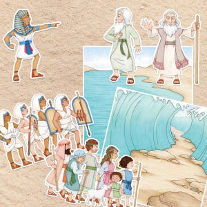 May include: A collection of illustrated paper cutouts depicting biblical scenes. The images include figures like Moses, Pharaoh, and various people, along with elements like the Red Sea. The color palette features blues, tans, and whites, creating a storybook aesthetic.
