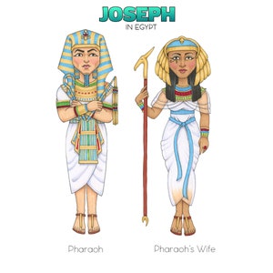 May include: Illustration of a Pharaoh and his wife in traditional Egyptian clothing. The Pharaoh is wearing a white robe with a blue and gold patterned sash. He is holding a staff with a golden bird on top. The Pharaoh's wife is wearing a white robe with a blue sash and a gold crown. She is holding a staff with a golden bird on top. The text "JOSEPH IN EGYPT" is written above the illustration.