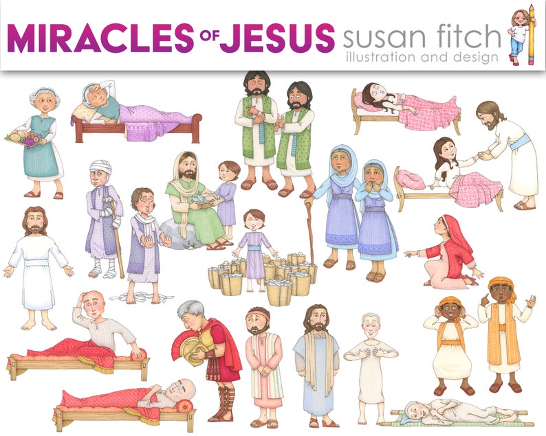 May include: Illustrated images of Jesus performing miracles. The images include Jesus healing the sick, feeding the hungry, and calming the storm. The images are colorful and whimsical, and they are perfect for teaching children about the miracles of Jesus.