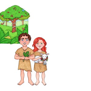 May include: A cartoon illustration of a man and a woman standing together. The man is holding a green leaf and the woman is holding a white lamb. The background is a green forest with a tree in the center.