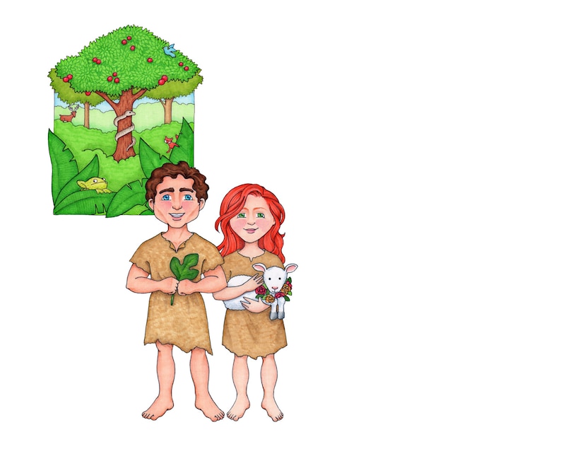May include: A cartoon illustration of a man and a woman standing together. The man is holding a green leaf and the woman is holding a white lamb. The background is a green forest with a tree in the center.
