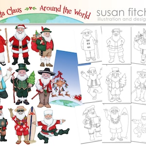 Santa Claus Around the World- digital clip art, coloring pages and invitation template