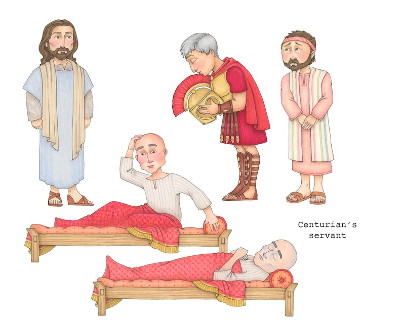May include: A watercolor illustration depicting a scene from the Bible. Jesus is standing on the left, a Roman soldier is kneeling on the right, and a man is lying on a bed in the center. The text "Centurian's servant" is written below the image.
