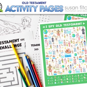 May include: A set of printable Old Testament activity pages for kids. The pages include a maze, a word search, and an I Spy game. The pages are illustrated with colorful drawings of characters and scenes from the Old Testament.