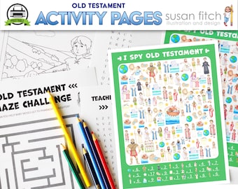 May include: A set of printable Old Testament activity pages for kids. The pages include a maze, a word search, and an I Spy game. The pages are illustrated with colorful drawings of characters and scenes from the Old Testament.