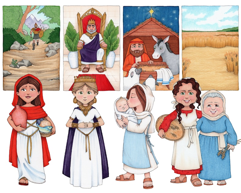 May include: A set of illustrations depicting scenes from the Bible. The illustrations feature a variety of characters, including a king, a woman holding a baby, a woman carrying a basket of fish, and a woman carrying a basket of bread. The illustrations are done in a cartoon style and are colorful.